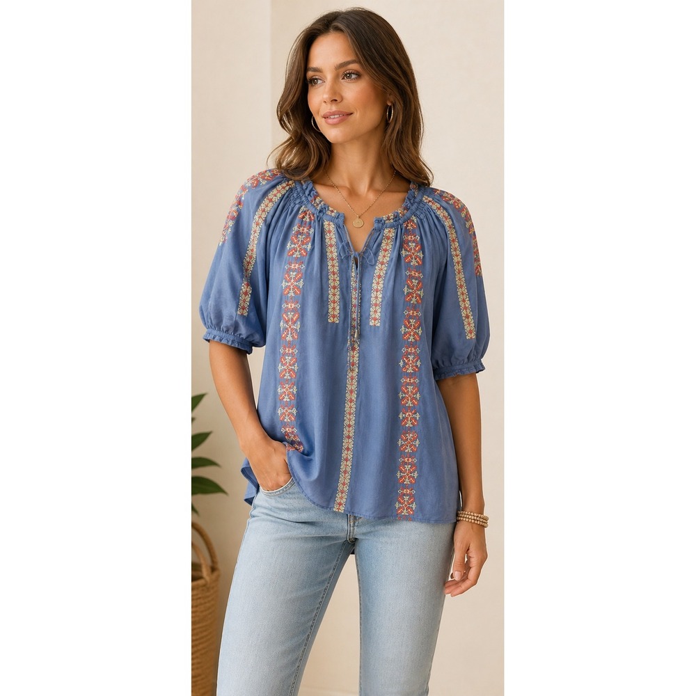 Sundance silk cotton embroidered blouse blue BoHo peasant top size large